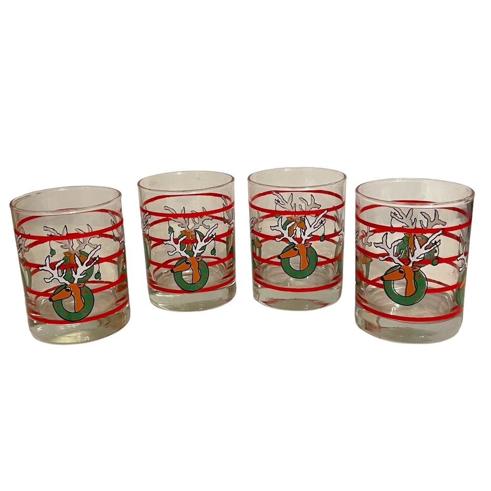 Libbey Reindeer in Christmas Wreath Double Old Fashion Tumblers Glasses Set of 4
